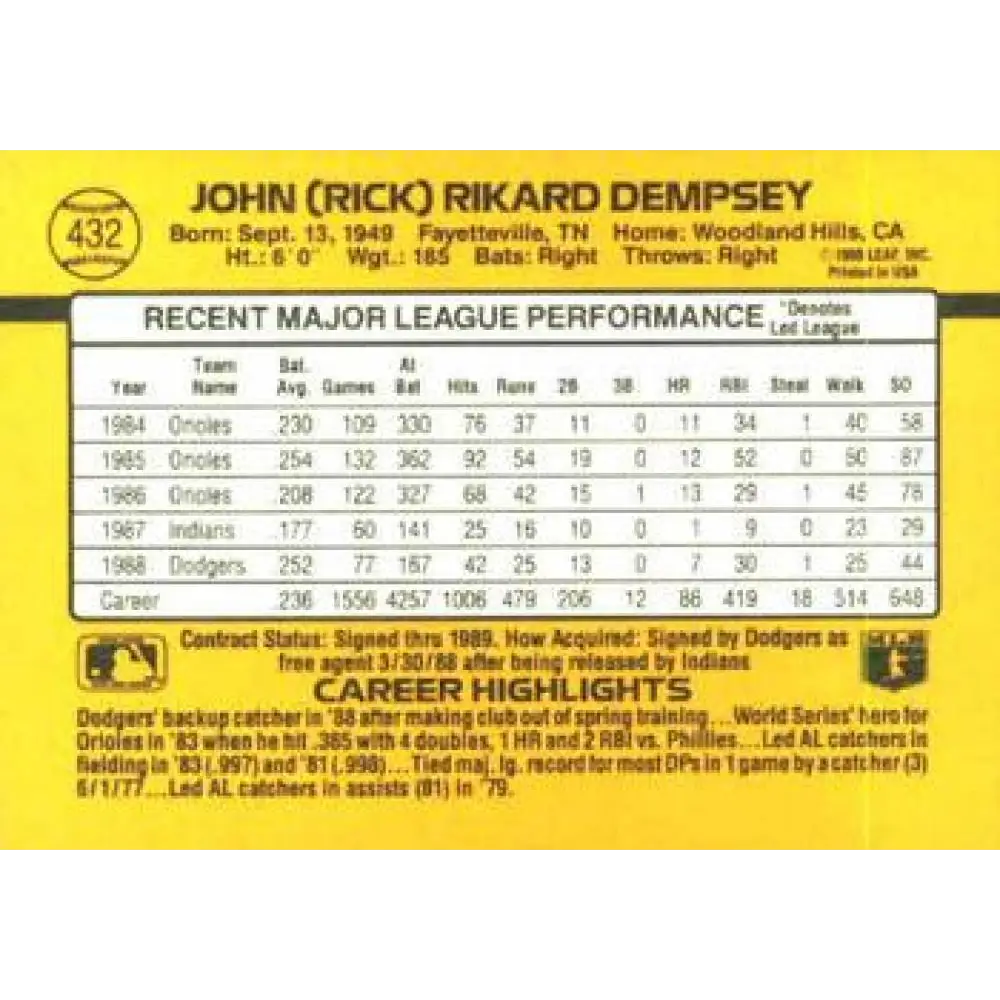 1989 Donruss #432 Rick Dempsey NM-MT Los Angeles Dodgers Baseball Card Image 2