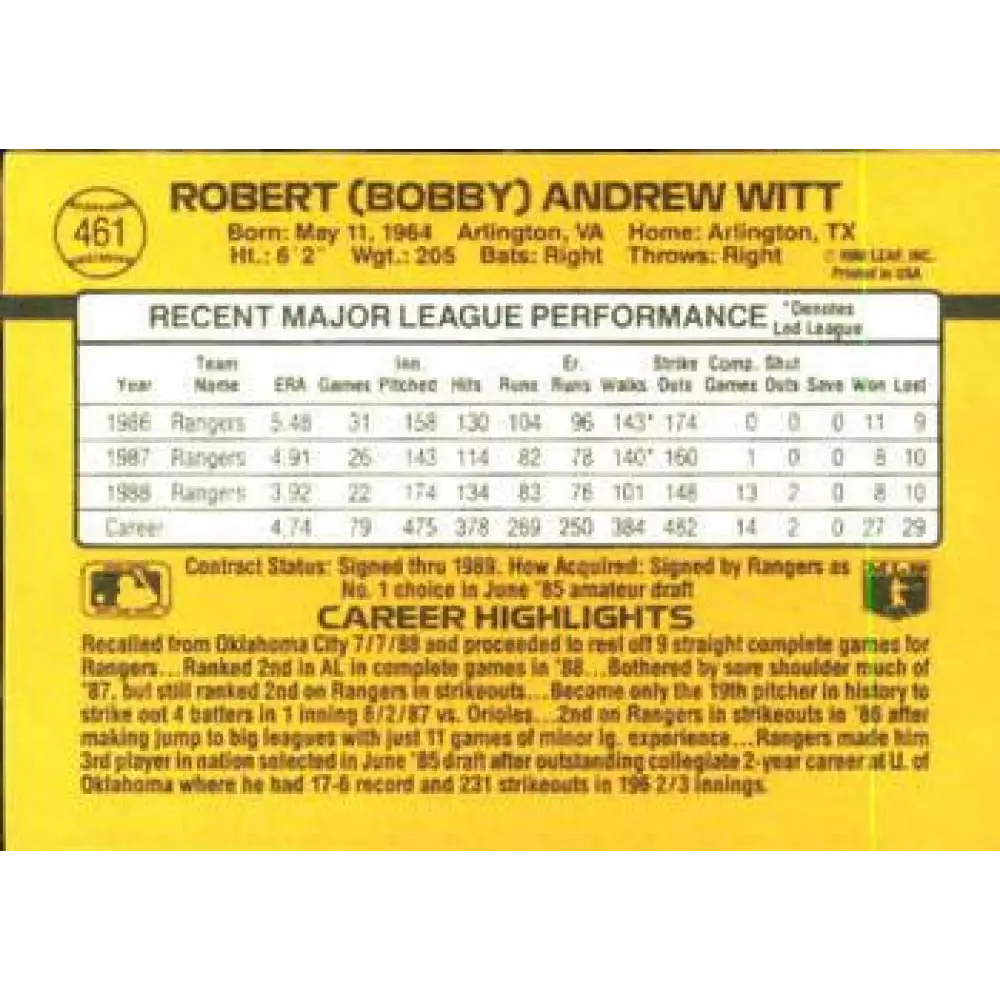 1989 Donruss #461 Bobby Witt NM-MT Texas Rangers Baseball Card Image 2