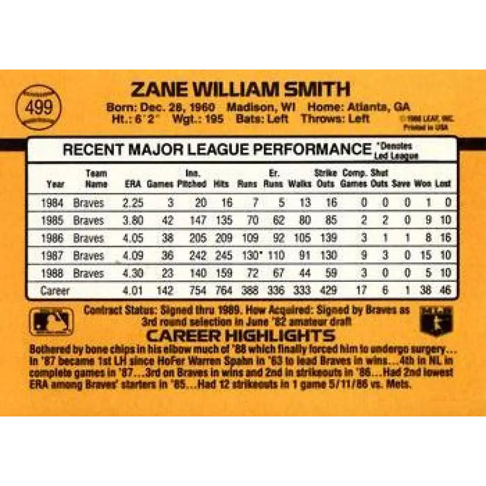 1989 Donruss #499 Zane Smith NM-MT Atlanta Braves Baseball Card Image 2