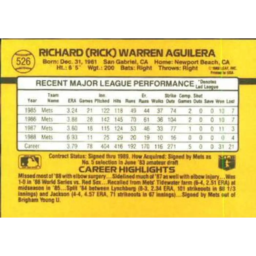 1989 Donruss #526 Rick Aguilera DP NM-MT New York Mets Baseball Card Image 2