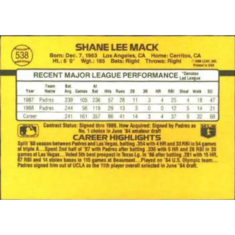 1989 Donruss #538 Shane Mack DP NM-MT San Diego Padres Baseball Card Image 2