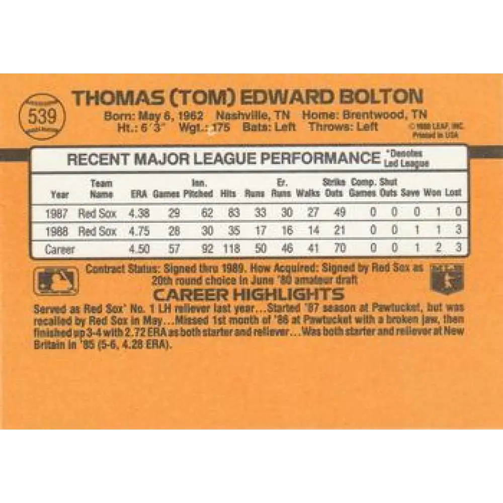 1989 Donruss #539 Tom Bolton DP NM-MT Boston Red Sox Baseball Card Image 2