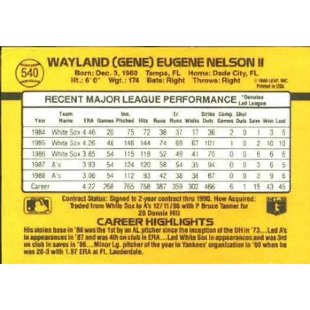 1989 Donruss #540 Gene Nelson DP NM-MT Oakland Athletics Baseball Card Image 2