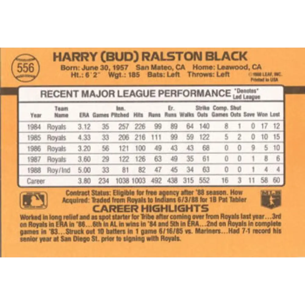 1989 Donruss #556 Bud Black DP NM-MT Cleveland Indians Baseball Card Image 2