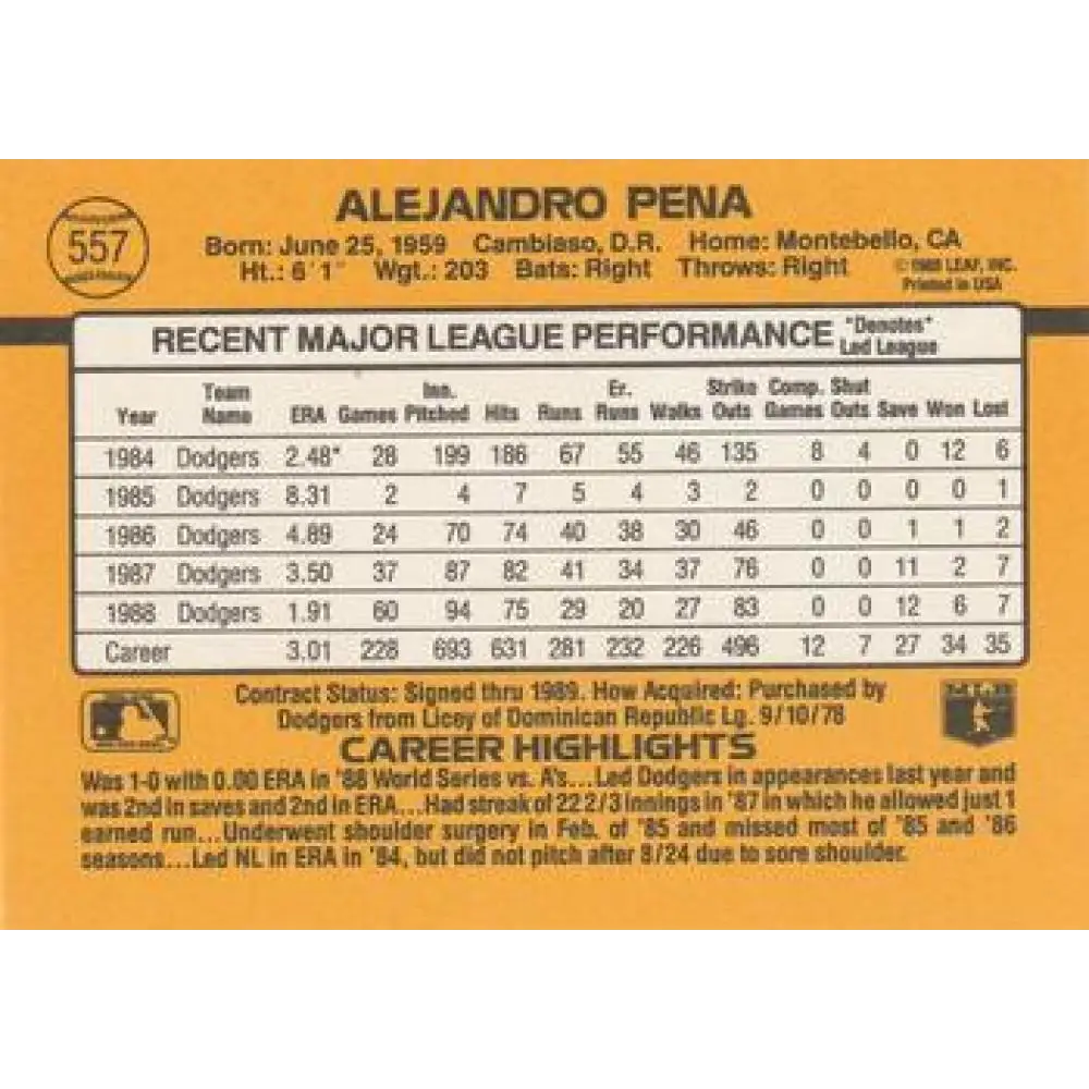 1989 Donruss #557 Alejandro Pena DP NM-MT Los Angeles Dodgers Baseball Card Image 2