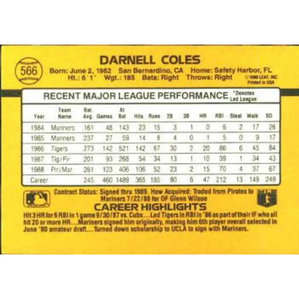1989 Donruss #566 Darnell Coles DP NM-MT Seattle Mariners Baseball Card Image 2