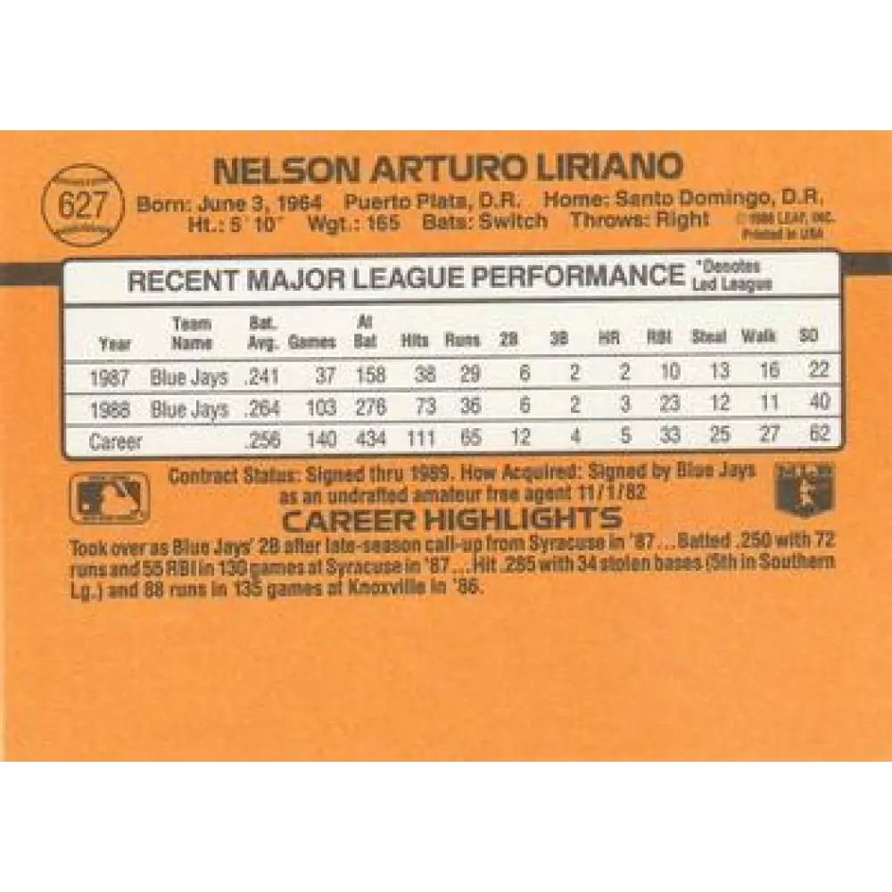 1989 Donruss #627 Nelson Liriano DP NM-MT Toronto Blue Jays Baseball Card Image 2