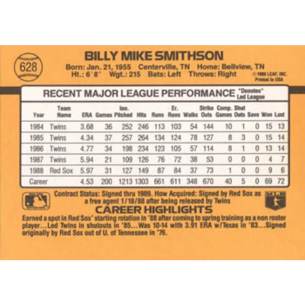 1989 Donruss #628 Mike Smithson DP NM-MT Boston Red Sox Baseball Card Image 2