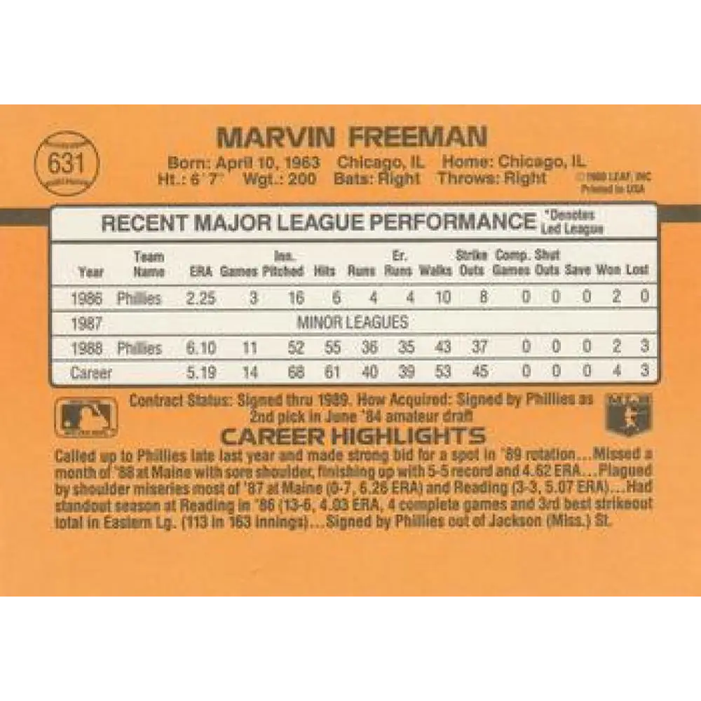 1989 Donruss #631 Marvin Freeman DP NM-MT Philadelphia Phillies Baseball Card Image 2
