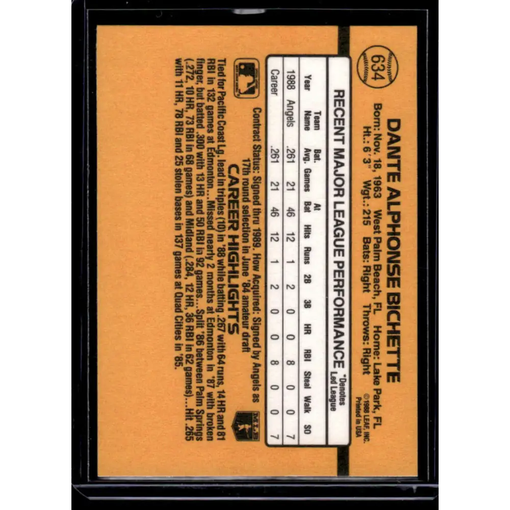 1989 Donruss #634 Dante Bichette California Angels NM-MT Baseball Card Image 2