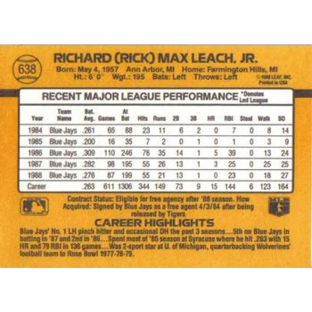 1989 Donruss #638 Rick Leach NM-MT Toronto Blue Jays Baseball Card Image 2