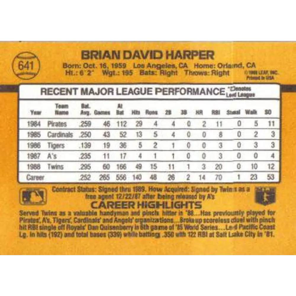 1989 Donruss #641 Brian Harper NM-MT Minnesota Twins Baseball Card Image 2