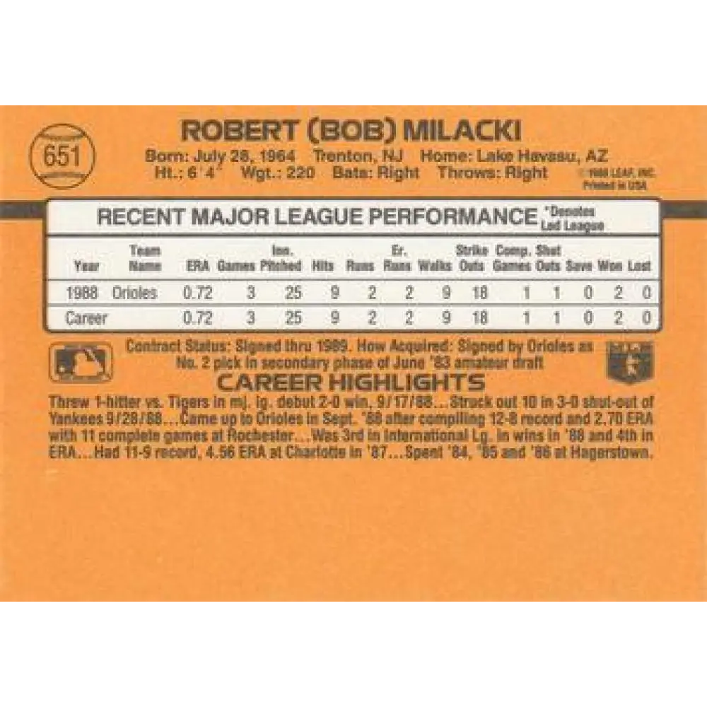 1989 Donruss #651 Bob Milacki NM-MT RC Rookie Baltimore Orioles Baseball Card Image 2