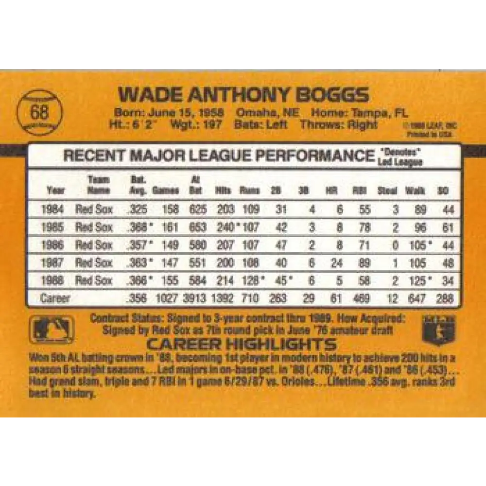 1989 Donruss #68 Wade Boggs NM-MT Boston Red Sox Baseball Card Image 2