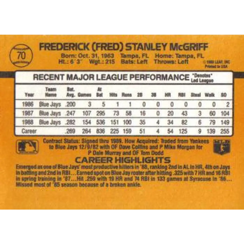 1989 Donruss #70 Fred McGriff NM-MT Toronto Blue Jays Baseball Card Image 2