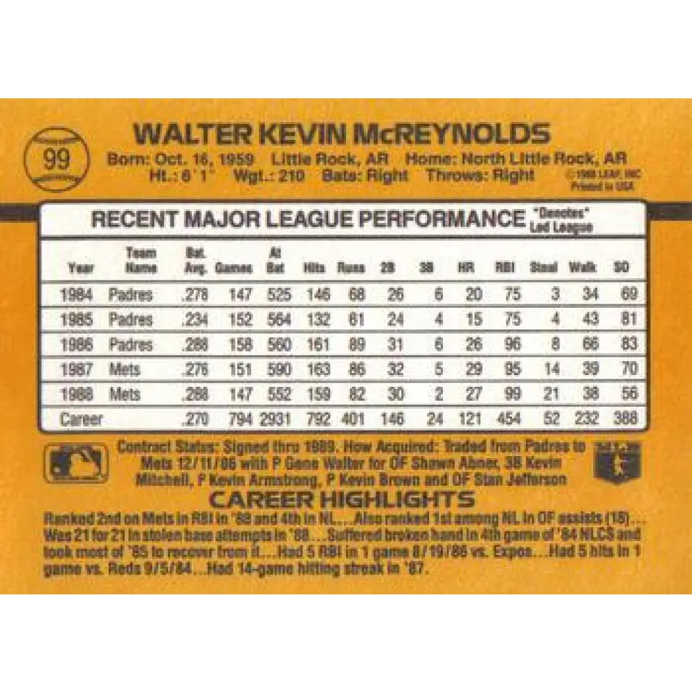 1989 Donruss #99 Kevin McReynolds NM-MT New York Mets Baseball Card Image 2