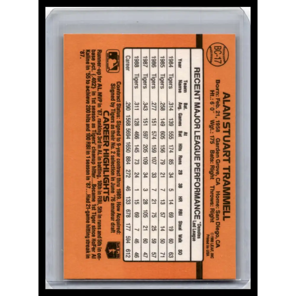 1989 Donruss #BC-17d Alan Trammell NM-MT Detroit Tigers Baseball Card Image 2