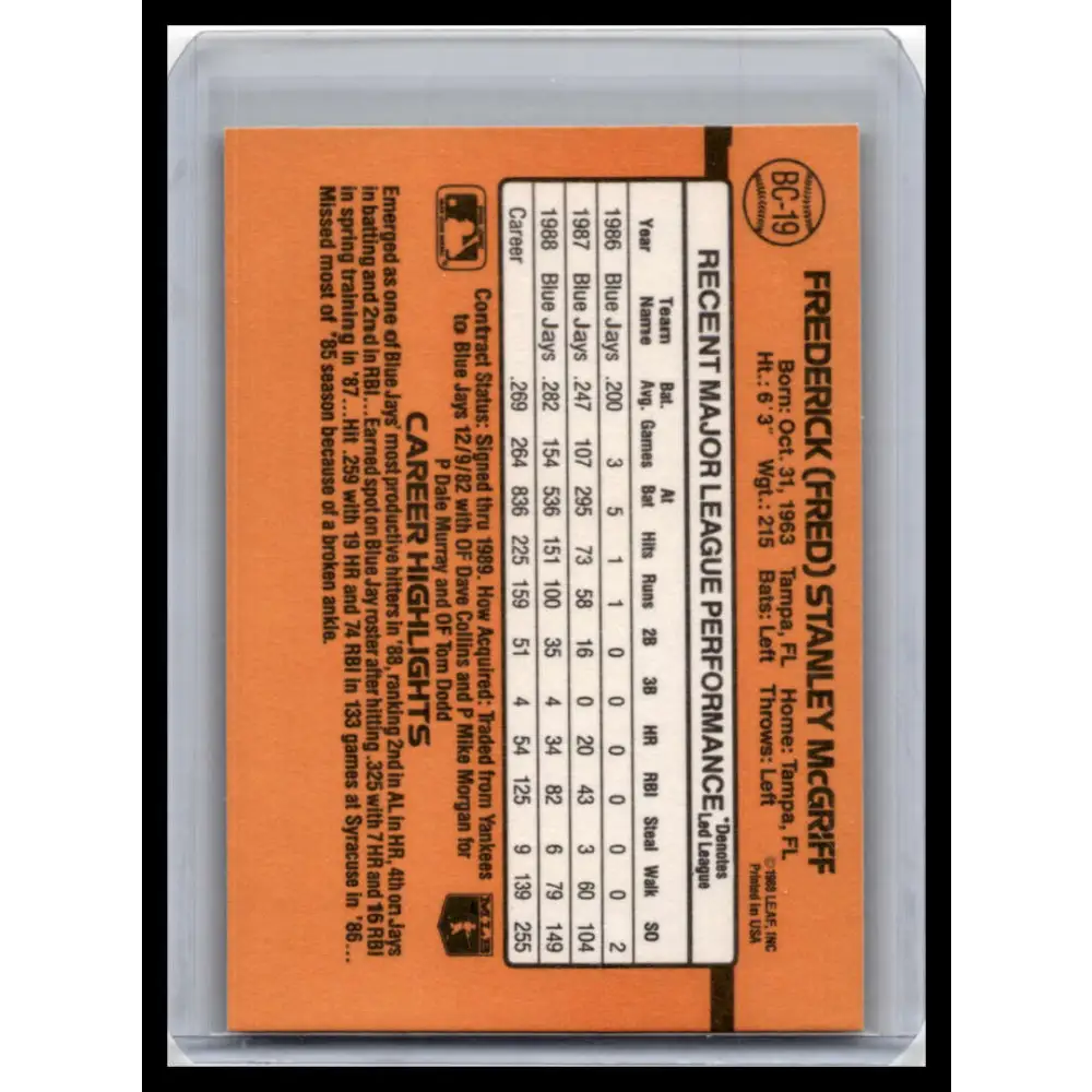 1989 Donruss #BC-19d Fred McGriff NM-MT Toronto Blue Jays Baseball Card Image 2