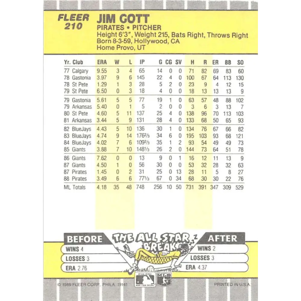 1989 Fleer #210 Jim Gott EX Excellent Pittsburgh Pirates Baseball Card Image 2
