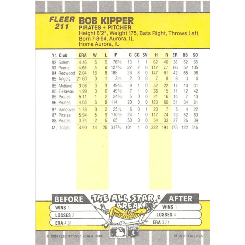 1989 Fleer #211 Bob Kipper EX Excellent Pittsburgh Pirates Baseball Card Image 2