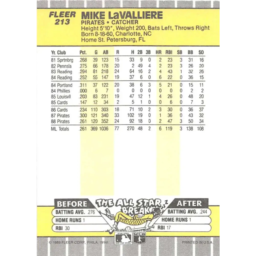 1989 Fleer #213 Mike LaValliere EX Excellent Pittsburgh Pirates Baseball Card Image 2