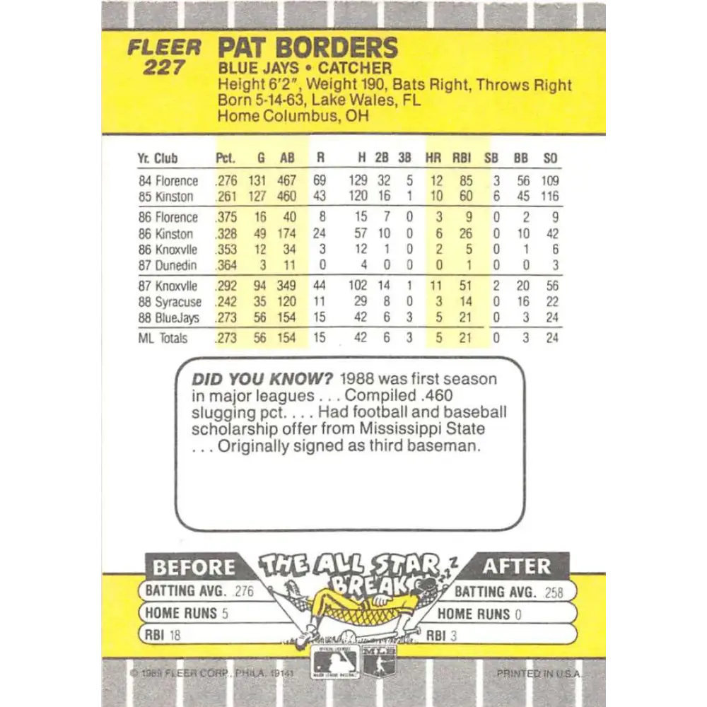 1989 Fleer #227 Pat Borders EX Excellent RC Rookie Toronto Blue Jays Baseball Card Image 2