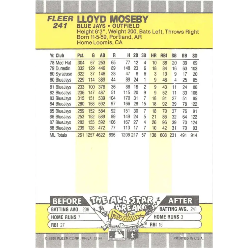 1989 Fleer #241 Lloyd Moseby EX Excellent Toronto Blue Jays Baseball Card Image 2
