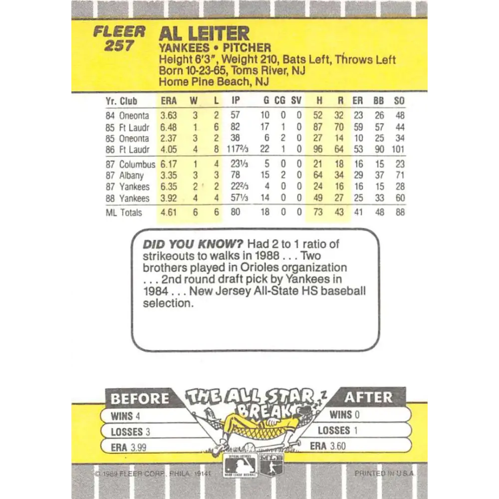 1989 Fleer #257 Al Leiter EX Excellent New York Yankees Baseball Card Image 2