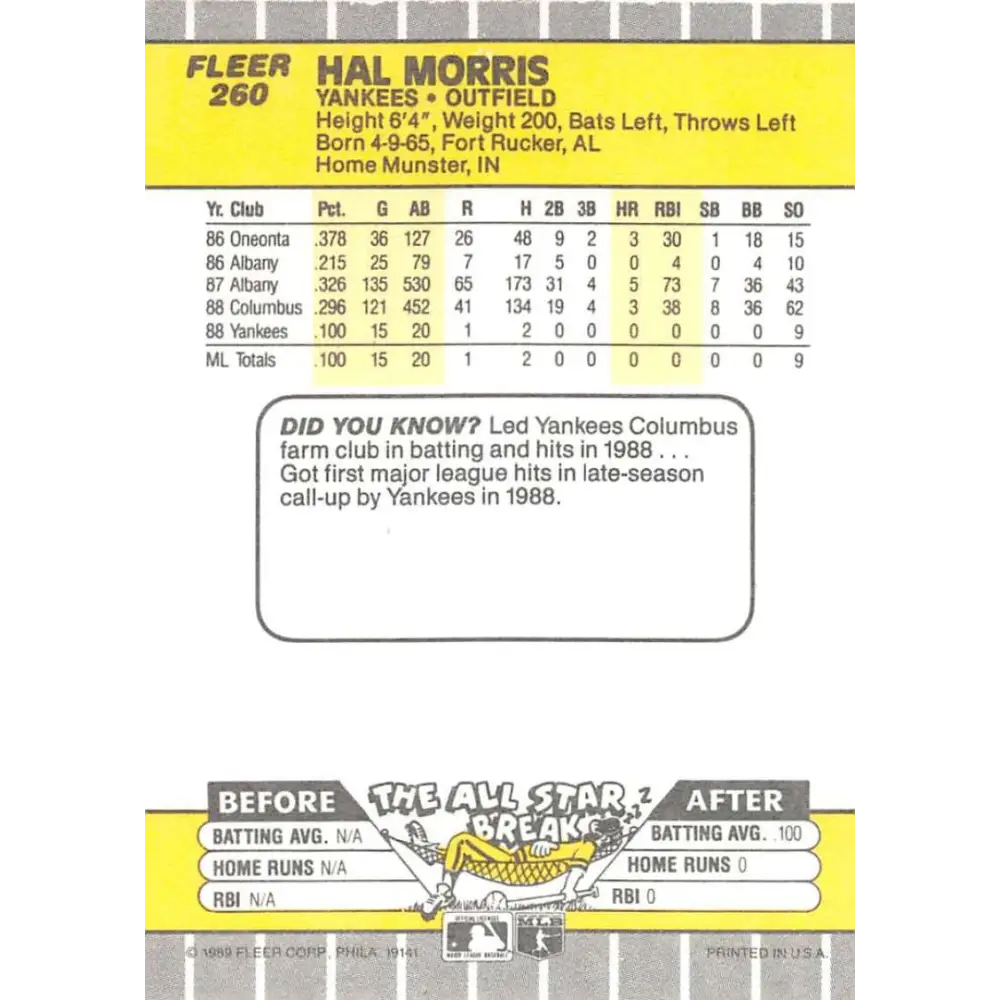 1989 Fleer #260 Hal Morris EX Excellent RC Rookie New York Yankees Baseball Card Image 2