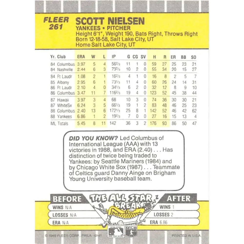 1989 Fleer #261 Scott Nielsen EX Excellent New York Yankees Baseball Card Image 2