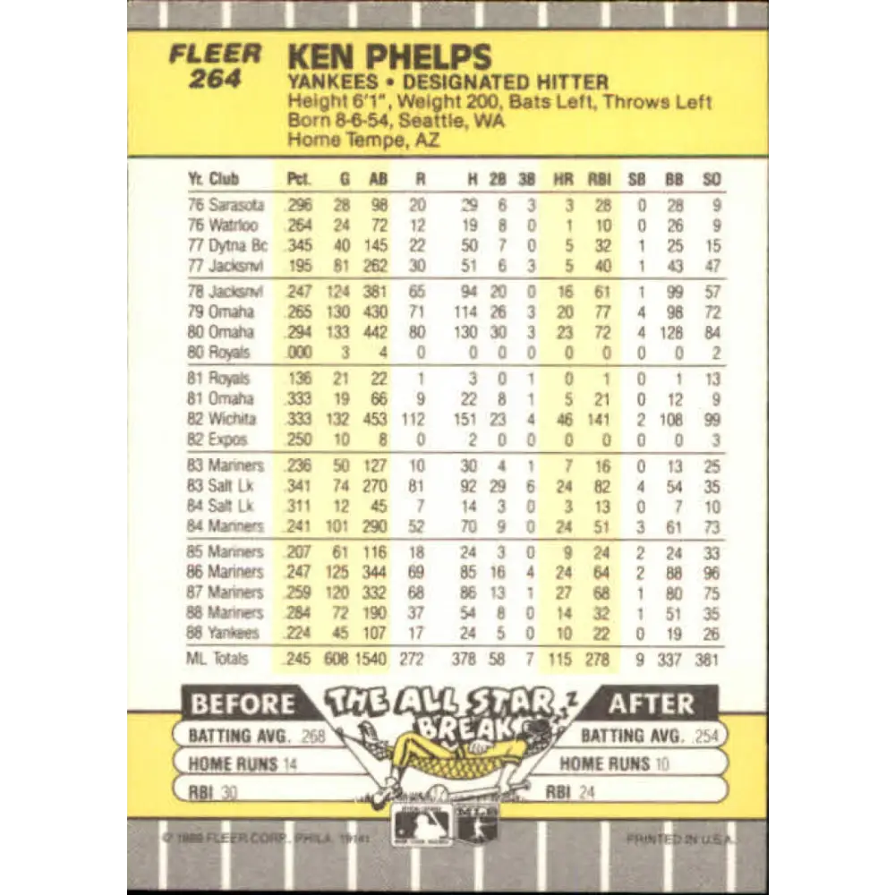 1989 Fleer #264 Ken Phelps EX Excellent New York Yankees Baseball Card Image 2