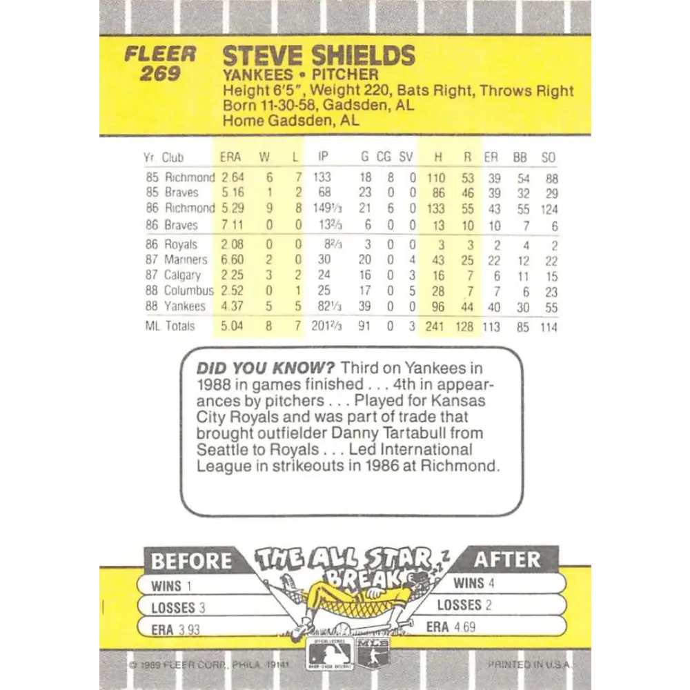 1989 Fleer #269 Steve Shields EX Excellent New York Yankees Baseball Card Image 2