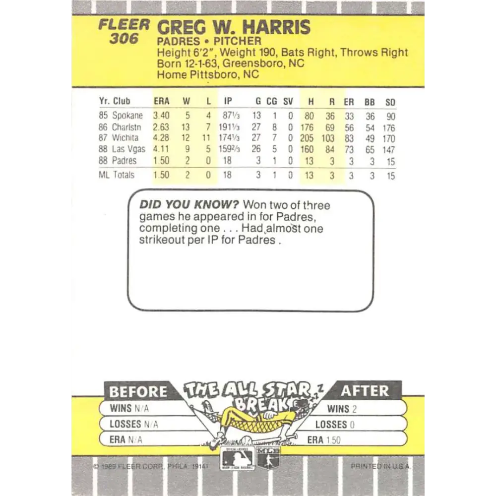1989 Fleer #306 Greg Harris EX Excellent RC Rookie San Diego Padres Baseball Card Image 2