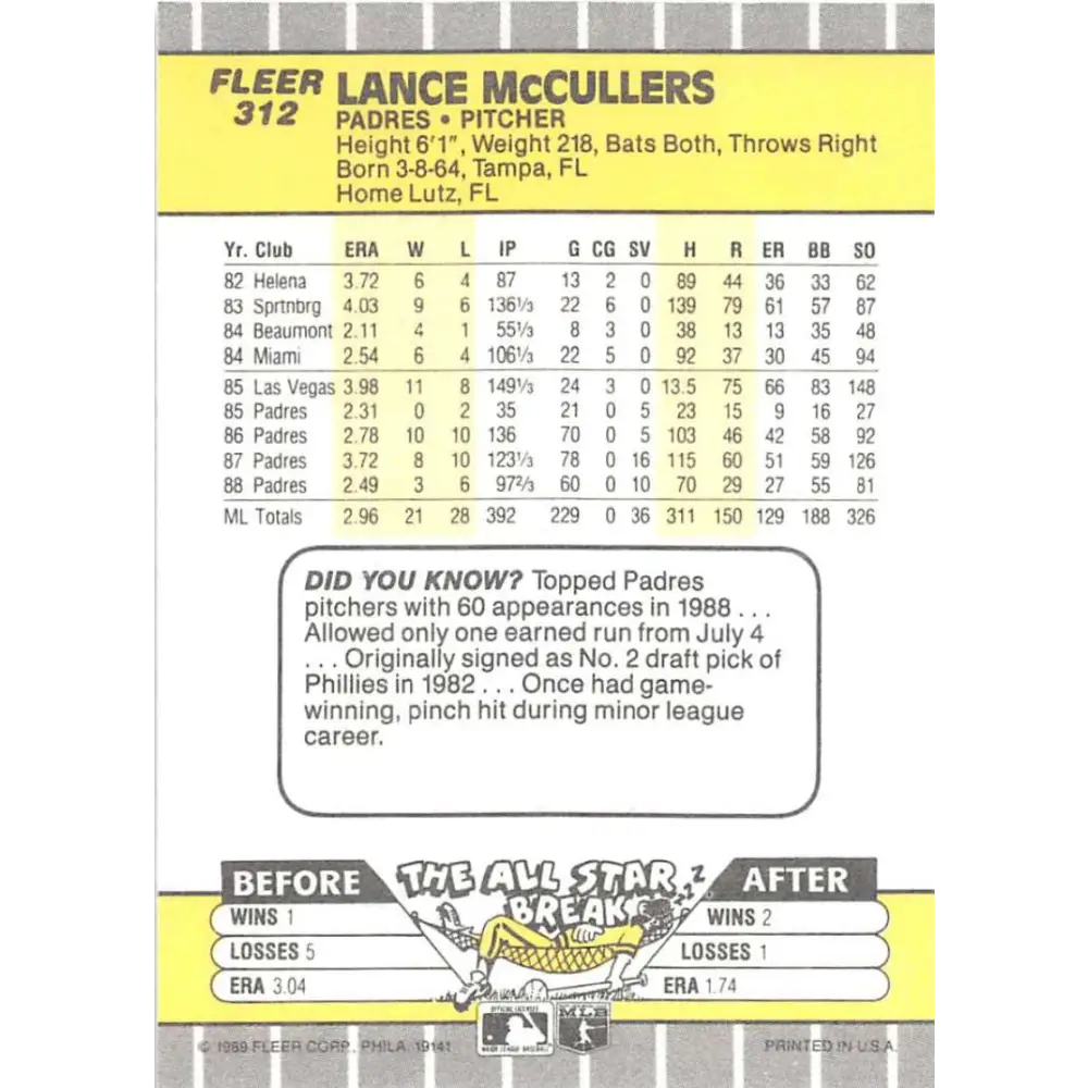 1989 Fleer #312 Lance McCullers EX Excellent San Diego Padres Baseball Card Image 2