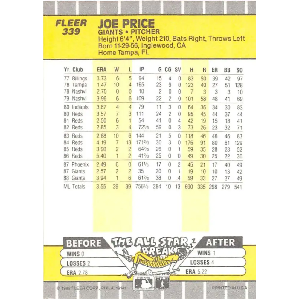 1989 Fleer #339 Joe Price EX Excellent San Francisco Giants Baseball Card Image 2