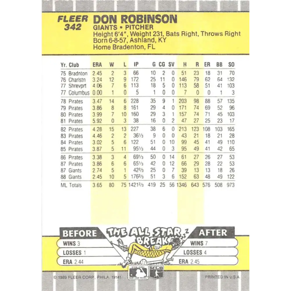 1989 Fleer #342 Don Robinson EX Excellent San Francisco Giants Baseball Card Image 2