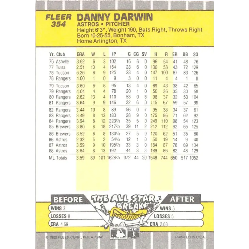 1989 Fleer #354 Danny Darwin EX Excellent Houston Astros Baseball Card Image 2