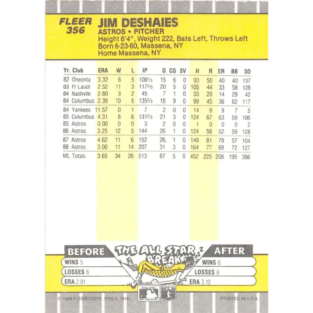 1989 Fleer #356 Jim Deshaies EX Excellent Houston Astros Baseball Card Image 2