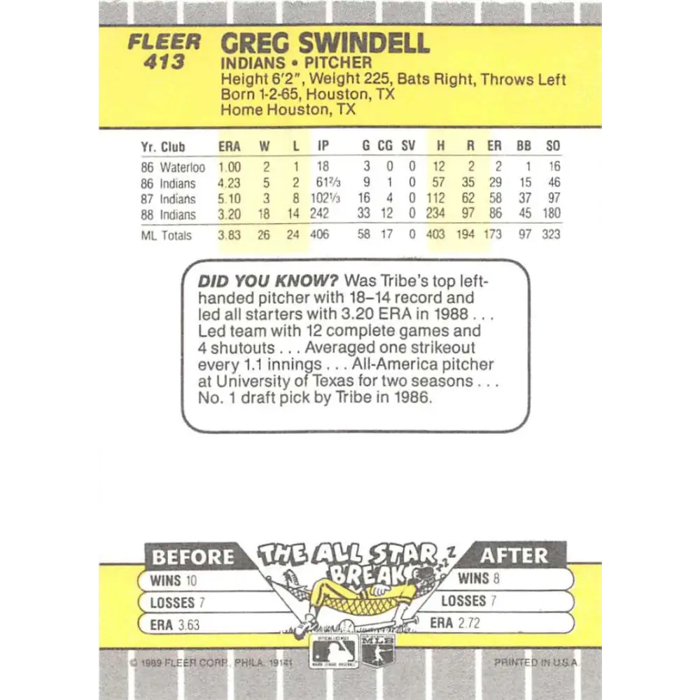 1989 Fleer #413 Greg Swindell EX Excellent Cleveland Indians Baseball Card Image 2