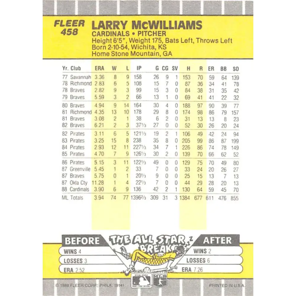 1989 Fleer #458 Larry McWilliams EX Excellent St. Louis Cardinals Baseball Card Image 2