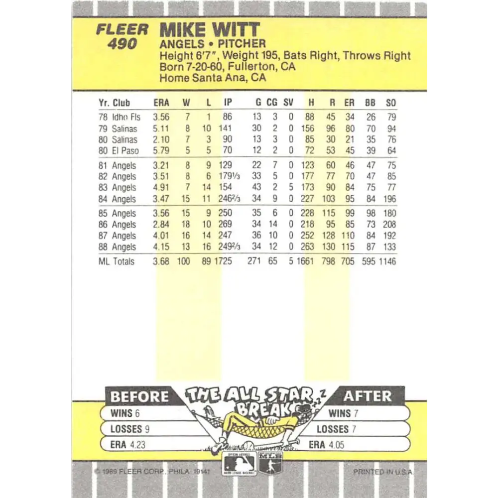 1989 Fleer #490 Mike Witt EX Excellent California Angels Baseball Card Image 2