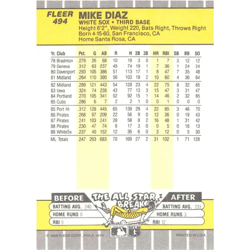1989 Fleer #494 Mike Diaz EX Excellent Chicago White Sox Baseball Card Image 2