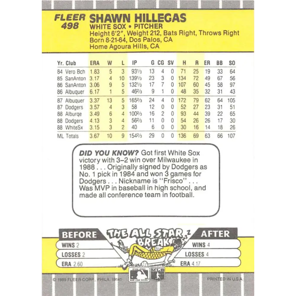 1989 Fleer #498 Shawn Hillegas EX Excellent Chicago White Sox Baseball Card Image 2