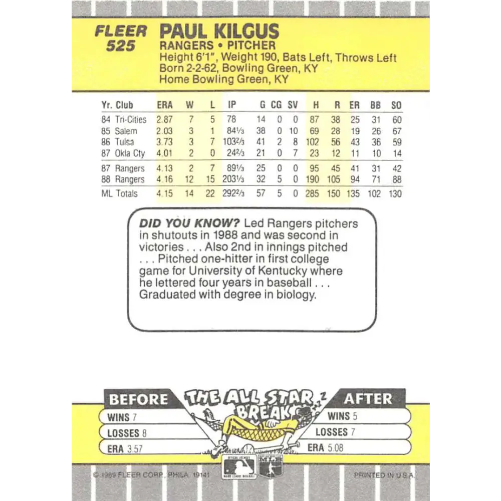 1989 Fleer #525 Paul Kilgus EX Excellent Texas Rangers Baseball Card Image 2