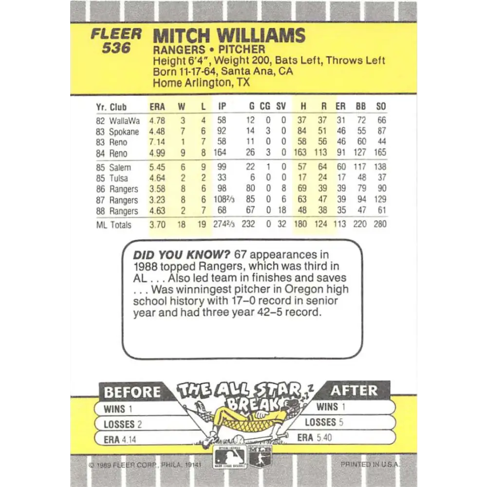 1989 Fleer #536 Mitch Williams EX Excellent Texas Rangers Baseball Card Image 2