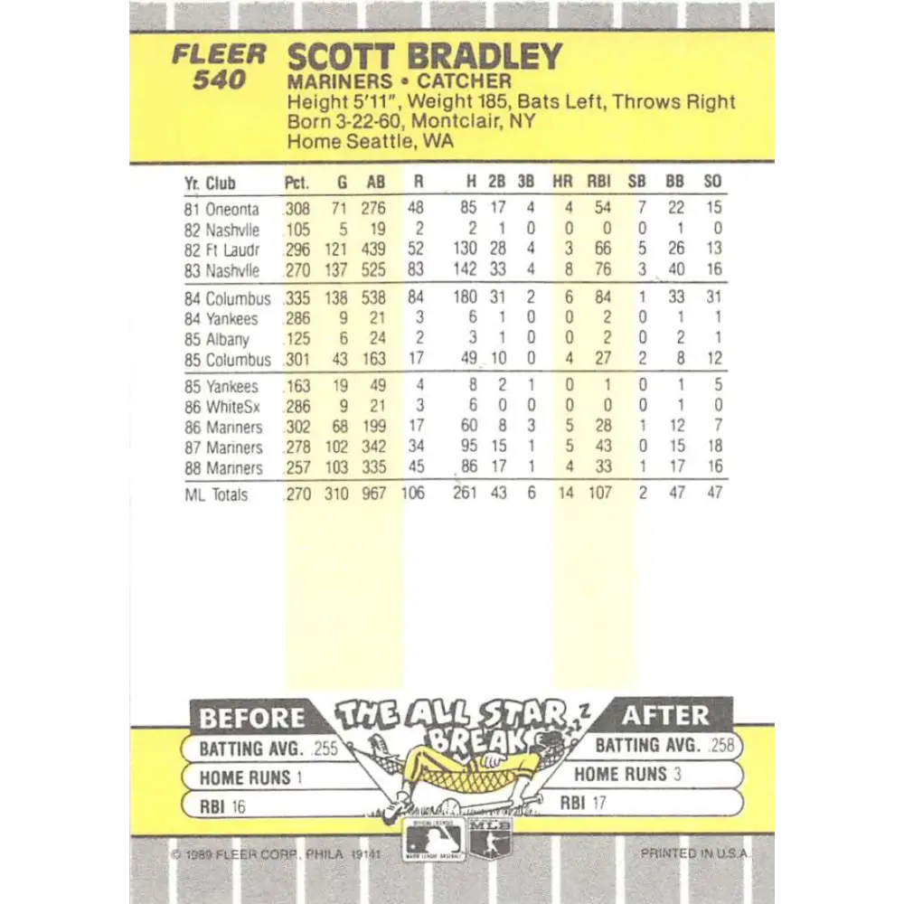 1989 Fleer #540 Scott Bradley EX Excellent Seattle Mariners Baseball Card Image 2