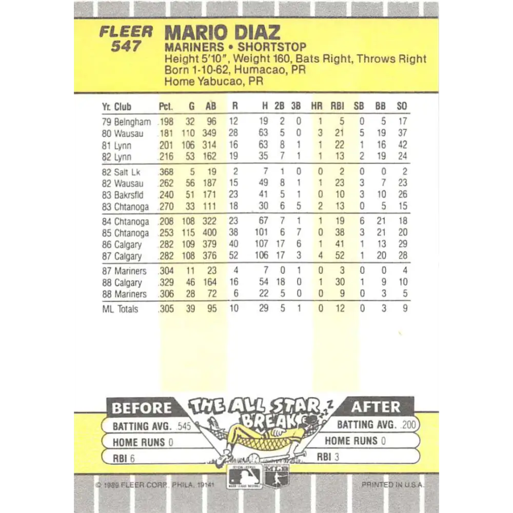 1989 Fleer #547 Mario Diaz EX Excellent Seattle Mariners Baseball Card Image 2