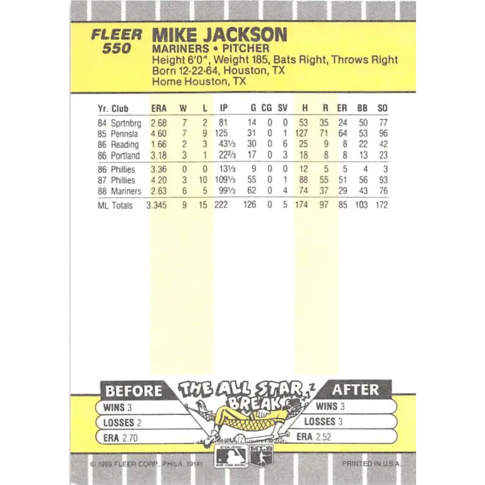 1989 Fleer #550 Mike Jackson EX Excellent Seattle Mariners Baseball Card Image 2