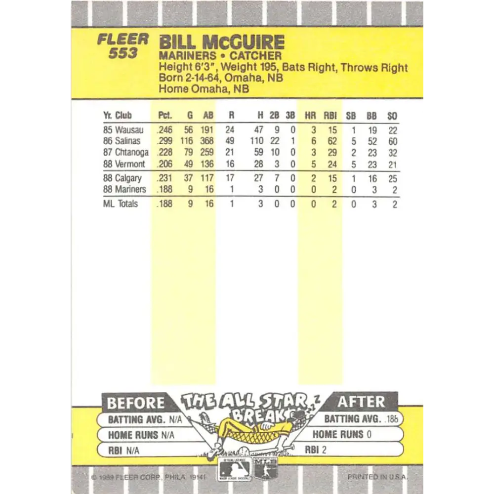 1989 Fleer #553 Bill McGuire EX Excellent RC Rookie Seattle Mariners Baseball Card Image 2