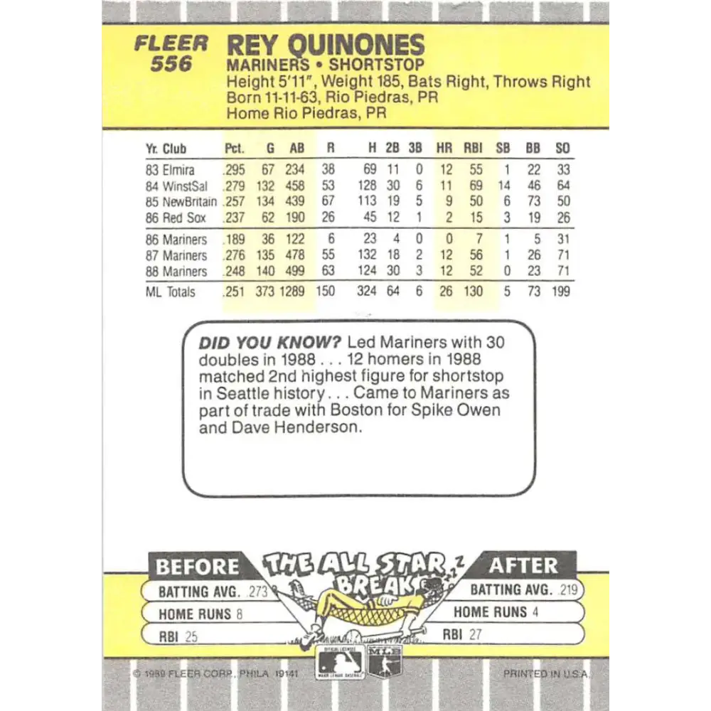 1989 Fleer #556 Rey Quinones EX Excellent Seattle Mariners Baseball Card Image 2